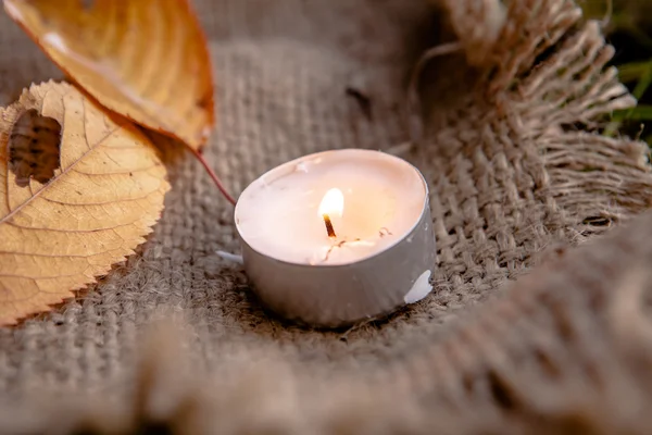 Trockene Ahornblätter und warmes Kerzenlicht — Stockfoto