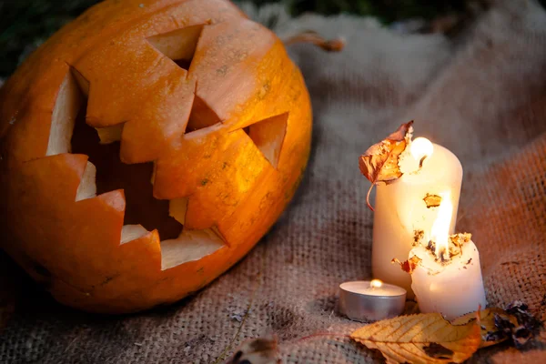 Halloween pumpkins and warm candle — Stock Photo, Image