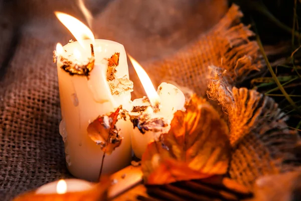 Droge esdoorn bladeren en warme kaarsen licht — Stockfoto