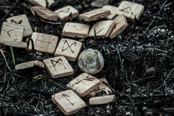Drewniane runy na ziemi — Zdjęcie stockowe