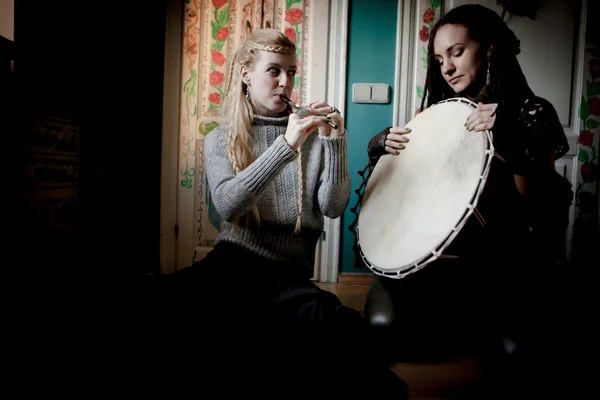 Two beautiful woman with  tambourine — Stock Photo, Image