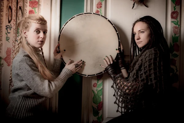 Two beautiful woman with  tambourine — Stock Photo, Image
