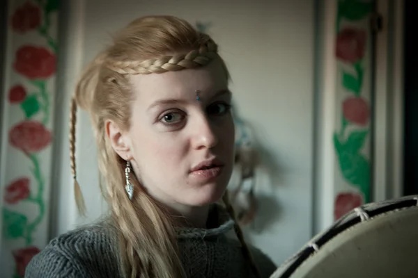 Blond woman with  tambourine — Stock Photo, Image