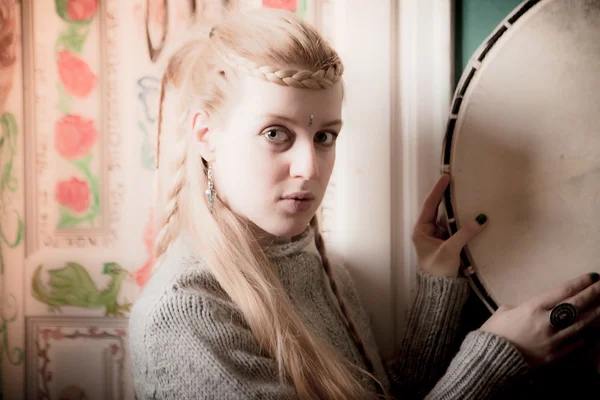 Blond woman with  tambourine — Stock Photo, Image