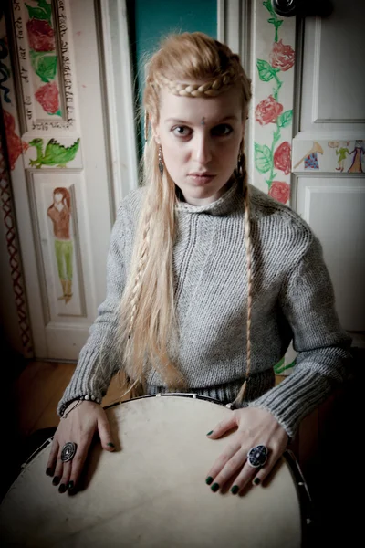 Blond woman with  tambourine — Stock Photo, Image