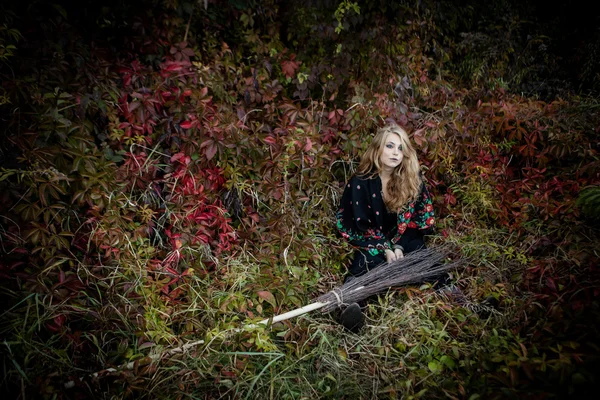 Jovem vestida em uma bruxa de Halloween queda — Fotografia de Stock