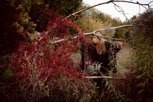 Beautiful young girl in black dress standing among colorful leaves — Stock Photo, Image