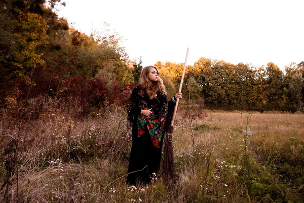 Menina bonita em vestido preto em pé entre folhas coloridas — Fotografia de Stock