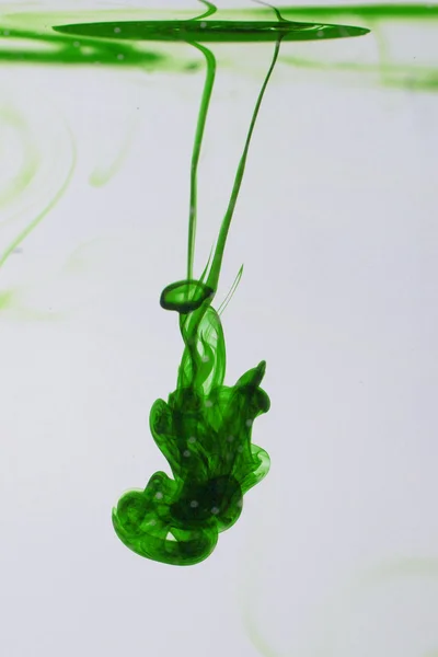 Зеленые жидкие чернила в воде, образующие абстрактные формы — стоковое фото