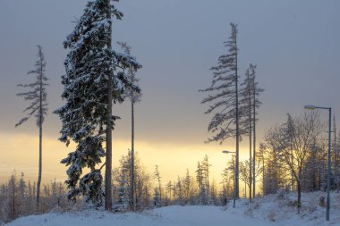 Güzel gün batımı ve Karlı doğa, Slovakya 'nın yüksek Tatras dağlarındaki Hrebienok dağlarında kayak yapmak için kıt kanaat