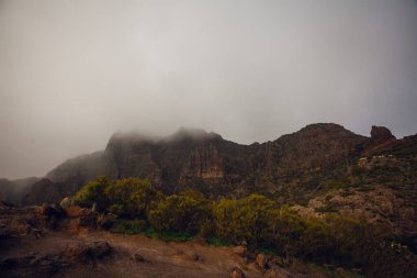 Masca Vadisi, Tenerife, İspanya 'daki yeşil volkanik manzaranın üzerinde güzel bir günbatımı. Tenerife adasının hava manzarası. Seyahat yeri, Kanarya adaları manzarası