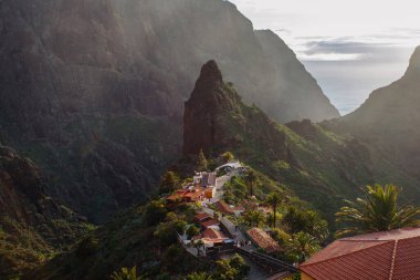 Tenerife 'deki Masca Vadisi' nin manzarası, Kanarya Adası, İspanya. Tenerife 'de palmiye ağaçları ve tropikal bitki örtüsü olan manzaralı bir dağ manzarası. Masca köyünde ünlü volkanik kaya oluşumu