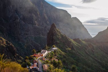 Tenerife 'deki Masca Vadisi' nin manzarası, Kanarya Adası, İspanya. Tenerife 'de palmiye ağaçları ve tropikal bitki örtüsü olan manzaralı bir dağ manzarası. Masca köyünde ünlü volkanik kaya oluşumu