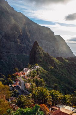 Tenerife 'deki Masca Vadisi' nin manzarası, Kanarya Adası, İspanya. Tenerife 'de palmiye ağaçları ve tropikal bitki örtüsü olan manzaralı bir dağ manzarası. Masca köyünde ünlü volkanik kaya oluşumu