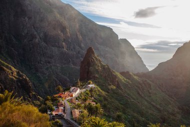 Tenerife 'deki Masca Vadisi' nin manzarası, Kanarya Adası, İspanya. Tenerife 'de palmiye ağaçları ve tropikal bitki örtüsü olan manzaralı bir dağ manzarası. Masca köyünde ünlü volkanik kaya oluşumu