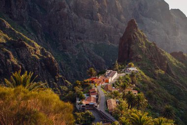 Tenerife 'deki Masca Vadisi' nin manzarası, Kanarya Adası, İspanya. Tenerife 'de palmiye ağaçları ve tropikal bitki örtüsü olan manzaralı bir dağ manzarası. Masca köyünde ünlü volkanik kaya oluşumu