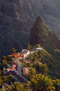 Tenerife 'deki Masca Vadisi' nin manzarası, Kanarya Adası, İspanya. Tenerife 'de palmiye ağaçları ve tropikal bitki örtüsü olan manzaralı bir dağ manzarası. Masca köyünde ünlü volkanik kaya oluşumu