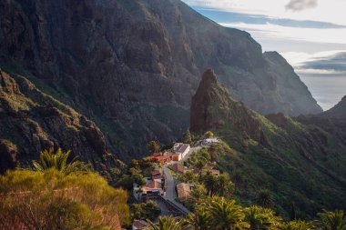 Tenerife 'deki Masca Vadisi' nin manzarası, Kanarya Adası, İspanya. Tenerife 'de palmiye ağaçları ve tropikal bitki örtüsü olan manzaralı bir dağ manzarası. Masca köyünde ünlü volkanik kaya oluşumu