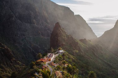 Tenerife 'deki Masca Vadisi' nin manzarası, Kanarya Adası, İspanya. Tenerife 'de palmiye ağaçları ve tropikal bitki örtüsü olan manzaralı bir dağ manzarası. Masca köyünde ünlü volkanik kaya oluşumu