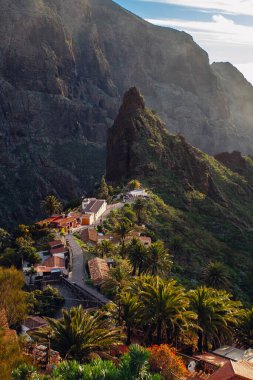 Tenerife 'deki Masca Vadisi' nin manzarası, Kanarya Adası, İspanya. Tenerife 'de palmiye ağaçları ve tropikal bitki örtüsü olan manzaralı bir dağ manzarası. Masca köyünde ünlü volkanik kaya oluşumu