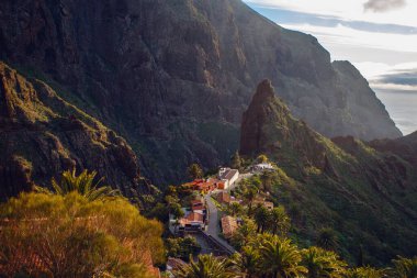 Tenerife 'deki Masca Vadisi' nin manzarası, Kanarya Adası, İspanya. Tenerife 'de palmiye ağaçları ve tropikal bitki örtüsü olan manzaralı bir dağ manzarası. Masca köyünde ünlü volkanik kaya oluşumu