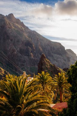 Tenerife 'deki Masca Vadisi' nin manzarası, Kanarya Adası, İspanya. Tenerife 'de palmiye ağaçları ve tropikal bitki örtüsü olan manzaralı bir dağ manzarası. Masca köyünde ünlü volkanik kaya oluşumu