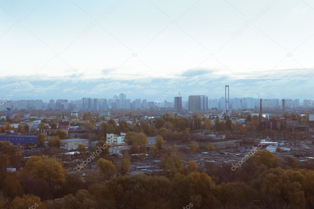 view of the industrial city of Kiev from height in autumn
