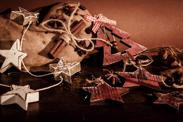 Christmas composition on wooden background — Stock Photo, Image