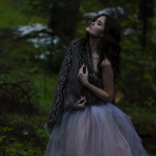 Retrato de mulher romântica em belo vestido na floresta de fadas — Fotografia de Stock