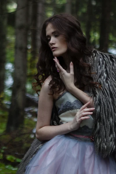 Retrato de mujer romántica en hermoso vestido en bosque de hadas —  Fotos de Stock