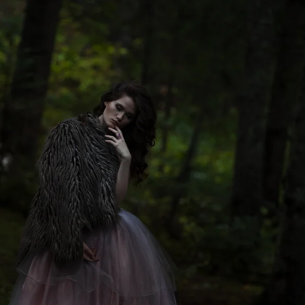 Retrato de mulher romântica em belo vestido na floresta de fadas — Fotografia de Stock