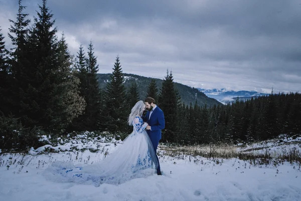 Belle mariée et marié dans la neige d'hiver sur la montagne — Photo