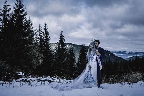 Bella sposa e sposo in inverno neve sulla montagna — Foto Stock