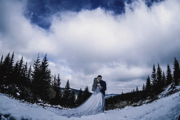 Прекрасна наречена і наречений взимку сніг на горі — стокове фото