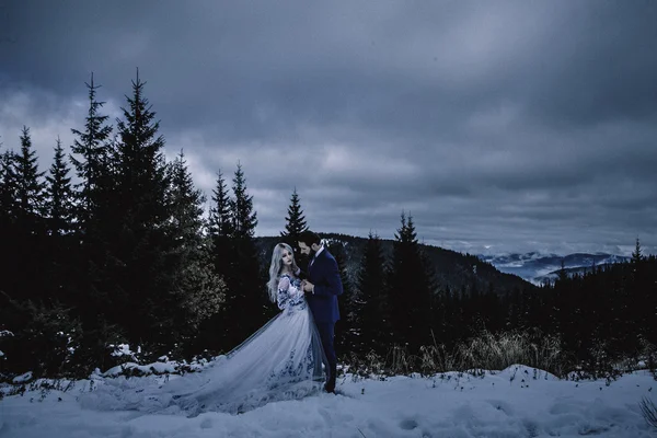 Belle mariée et marié dans la neige d'hiver sur la montagne — Photo