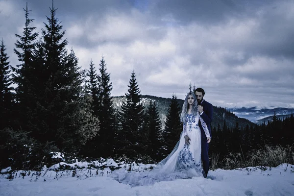 Lovely bride and groom in winter snow on mountain — Stock Photo, Image
