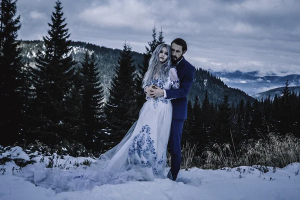 Krásná nevěsta a ženich v zimě sníh na horských — Stock fotografie