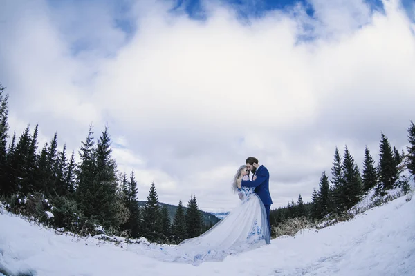 Belle mariée et marié dans la neige d'hiver sur la montagne — Photo