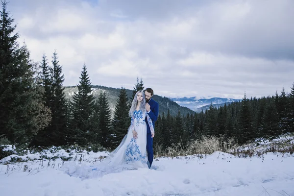 Belle mariée et marié dans la neige d'hiver sur la montagne — Photo