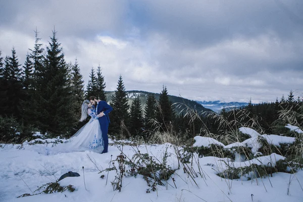 Krásná nevěsta a ženich v zimě sníh na horských — Stock fotografie