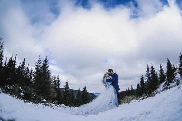 Linda noiva e noivo no inverno neve na montanha — Fotografia de Stock