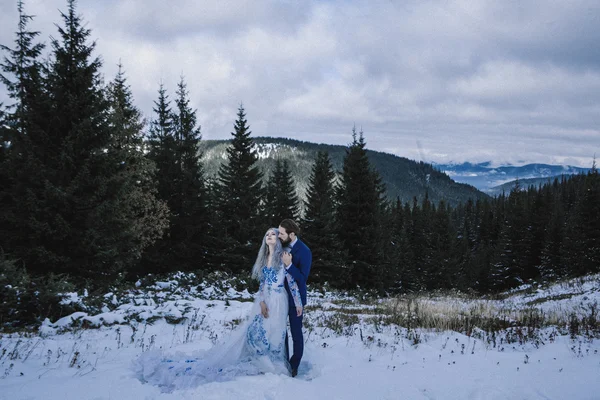 Lovely bride and groom in winter snow on mountain — Stock Photo, Image