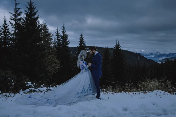 Linda noiva e noivo no inverno neve na montanha — Fotografia de Stock