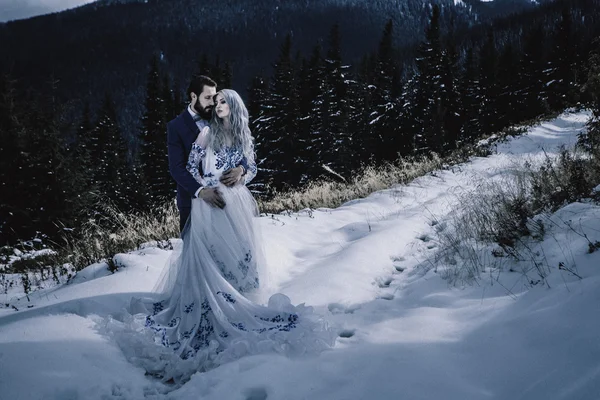 Krásná nevěsta a ženich v zimě sníh na horských — Stock fotografie