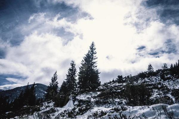 Lovely bride and groom in winter snow on mountain — Stock Photo, Image