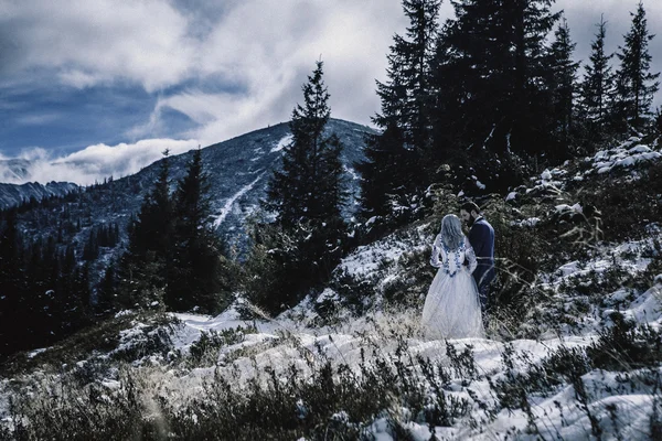 Krásná nevěsta a ženich v zimě sníh na horských — Stock fotografie