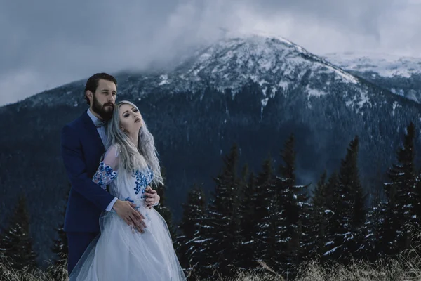 Schöne Braut und Bräutigam im Winter Schnee auf den Bergen — Stockfoto