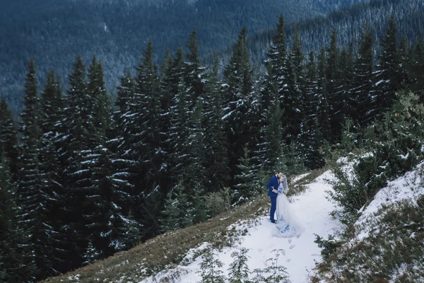 Linda noiva e noivo no inverno neve na montanha — Fotografia de Stock