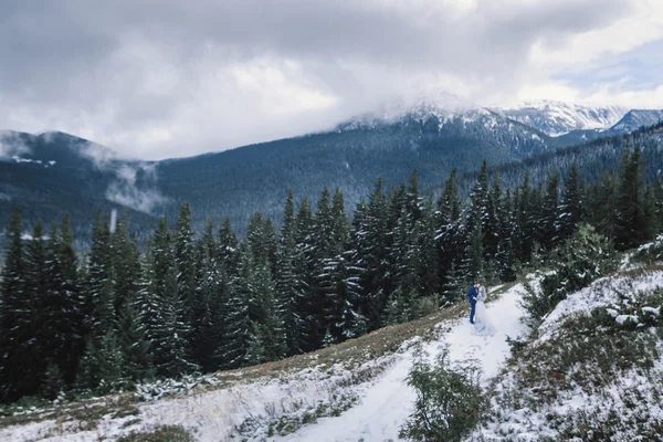 Lovely bride and groom in winter snow on mountain — Stock Photo, Image