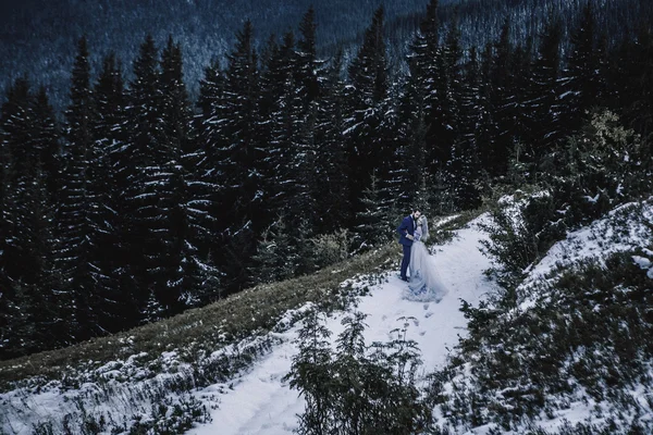 Linda noiva e noivo no inverno neve na montanha — Fotografia de Stock